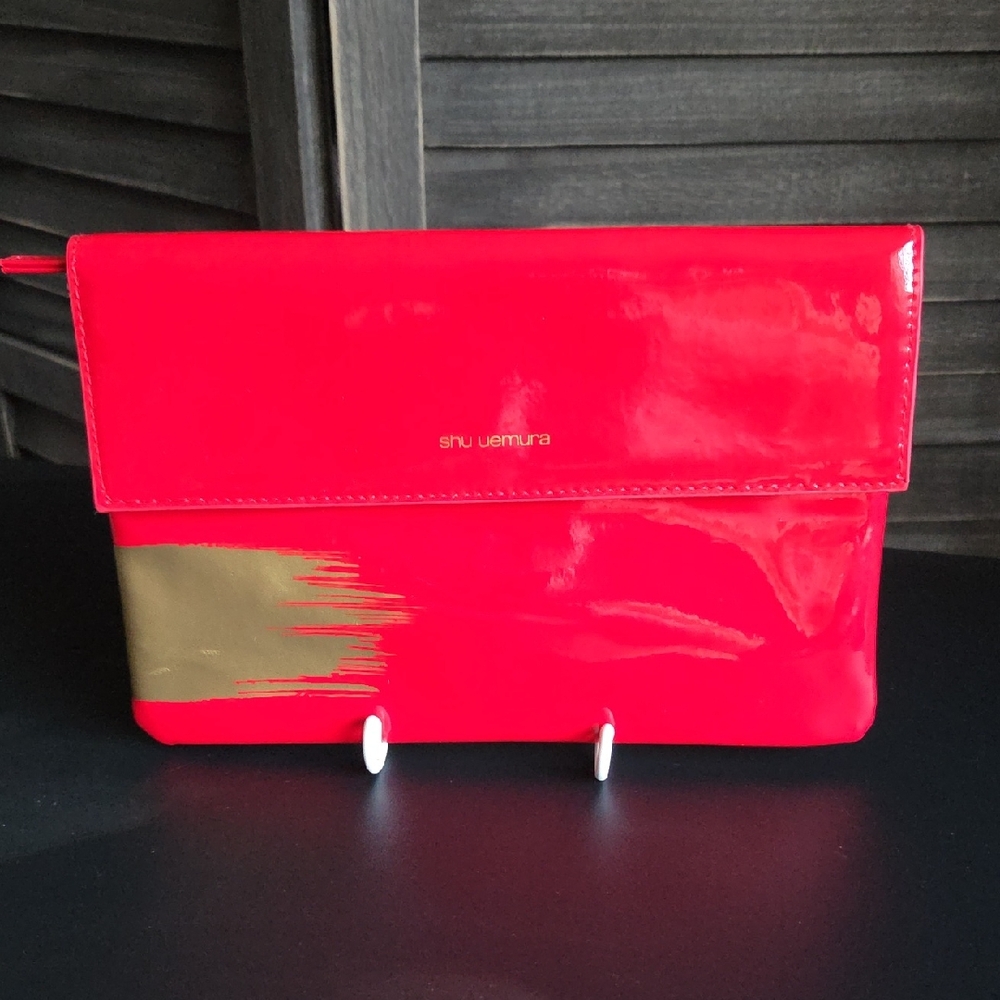Shu Uemura Red Patent Clutch with Gold Brush Accent